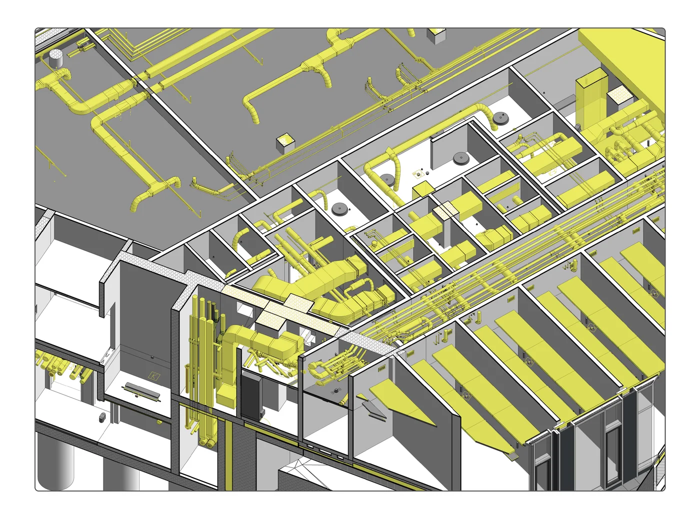 Koordiniertes BIM-Modell mit Technischer Gebäudeausrüstung (Lüftung, Heizung, Sanitär, Elektro) in Revit