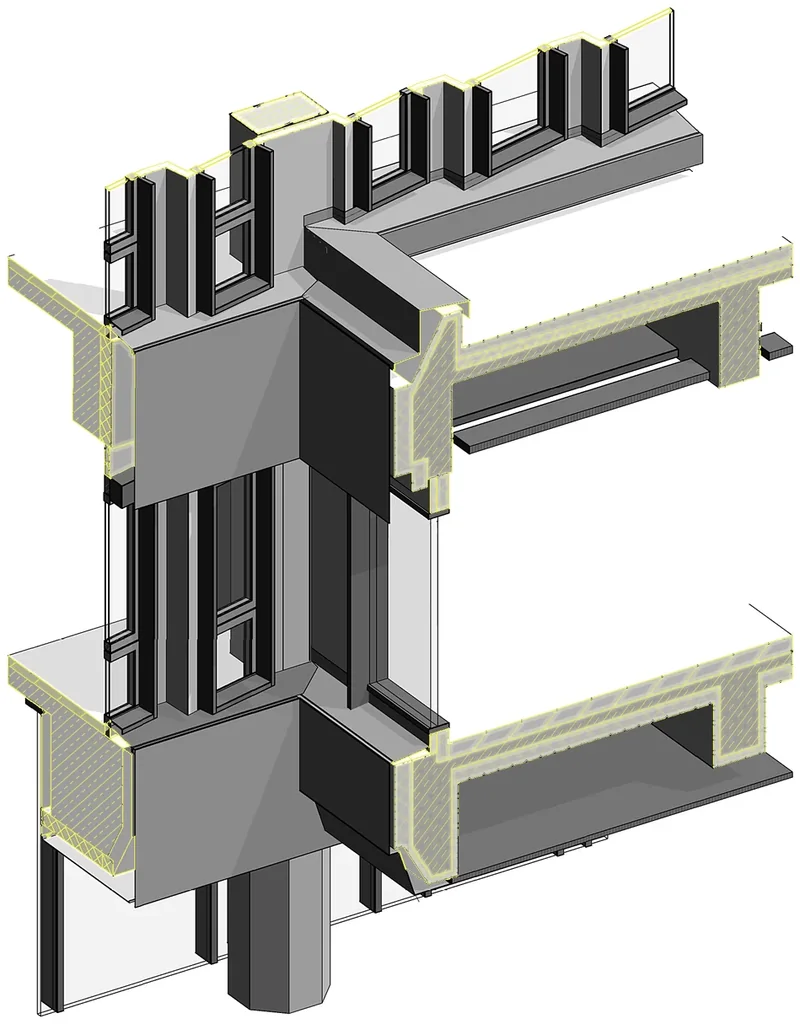 Isometrischer Fassadenausschnitt aus einem Revit-Modell: Pfosten-Riegel-Fassade mit Geschossdecken und Stütze